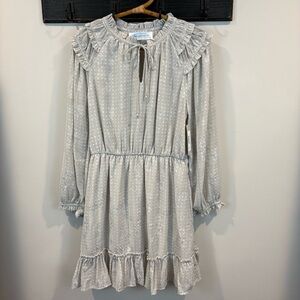 NWT Big Water Blue Sky Silver Polka Dot Floral Ruffle Tie Neck Dress Size Large